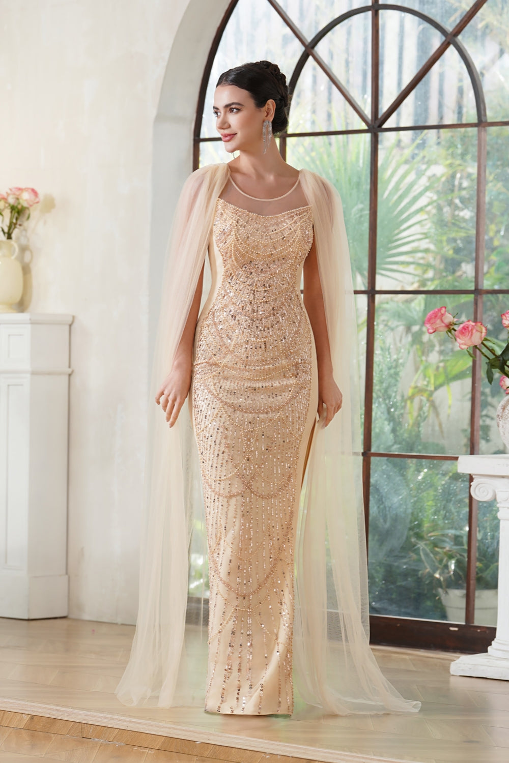 Champagne Long Mermaid Scoop Neck Tulle Formal Prom Dress with Cape