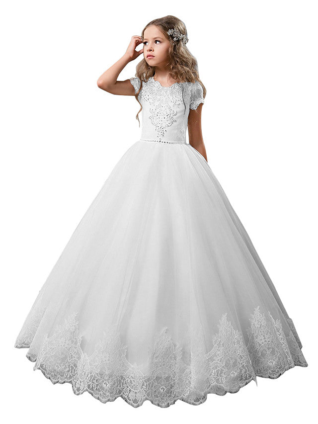 White Long A-line Floor Length Tulle Lace First Communion Flower Girl Dresses