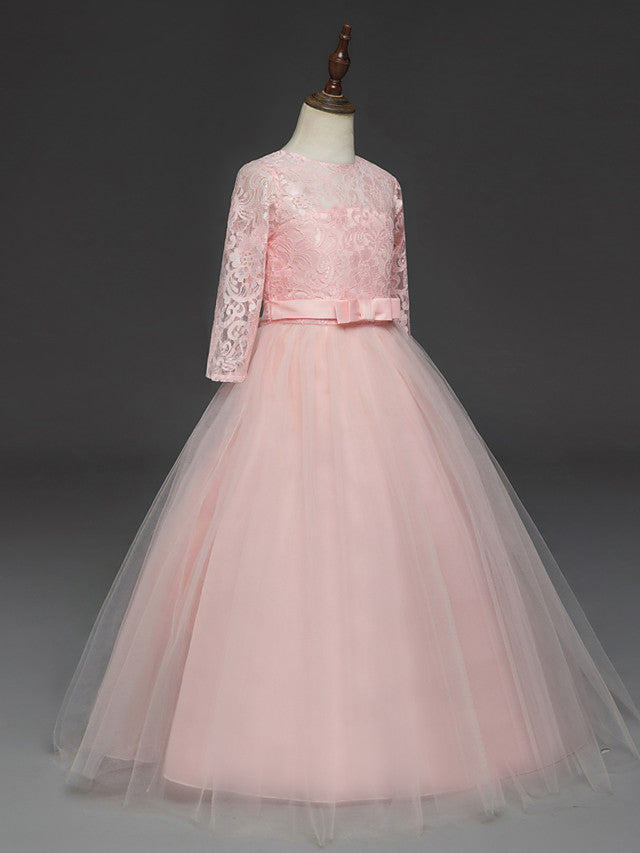 Long Ball Gown Tulle Lace Jewel Neck Flower Girl Dresses with Half Sleeve