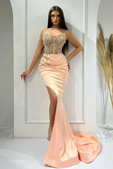 Mermaid Long Satin Strapless Prom Dress with Split Side