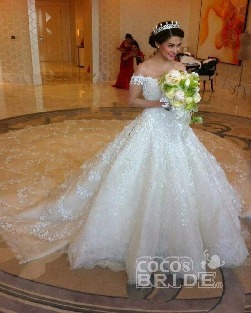 Gorgeous Long Off the Shoulder Ball Gown Princess Tulle Lace Wedding Dress