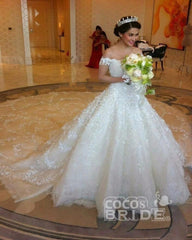 Gorgeous Long Off the Shoulder Ball Gown Princess Tulle Lace Wedding Dress