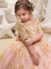 Long Ball Gown Floor Length Tulle Lace Jewel Neck Party Girl Dresses with Sleeves