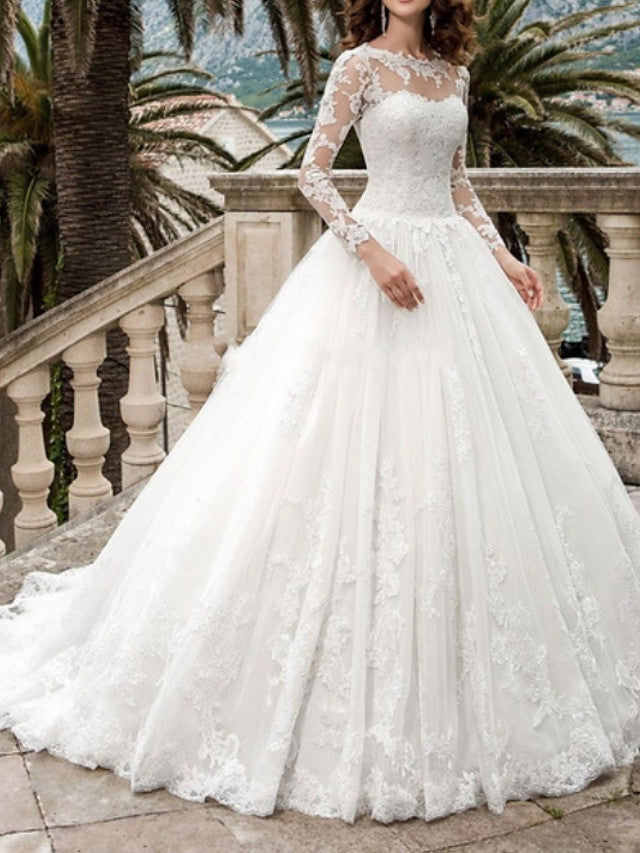 Long A-Line Jewel Neck Tulle Wedding Dresses with Long Sleeves