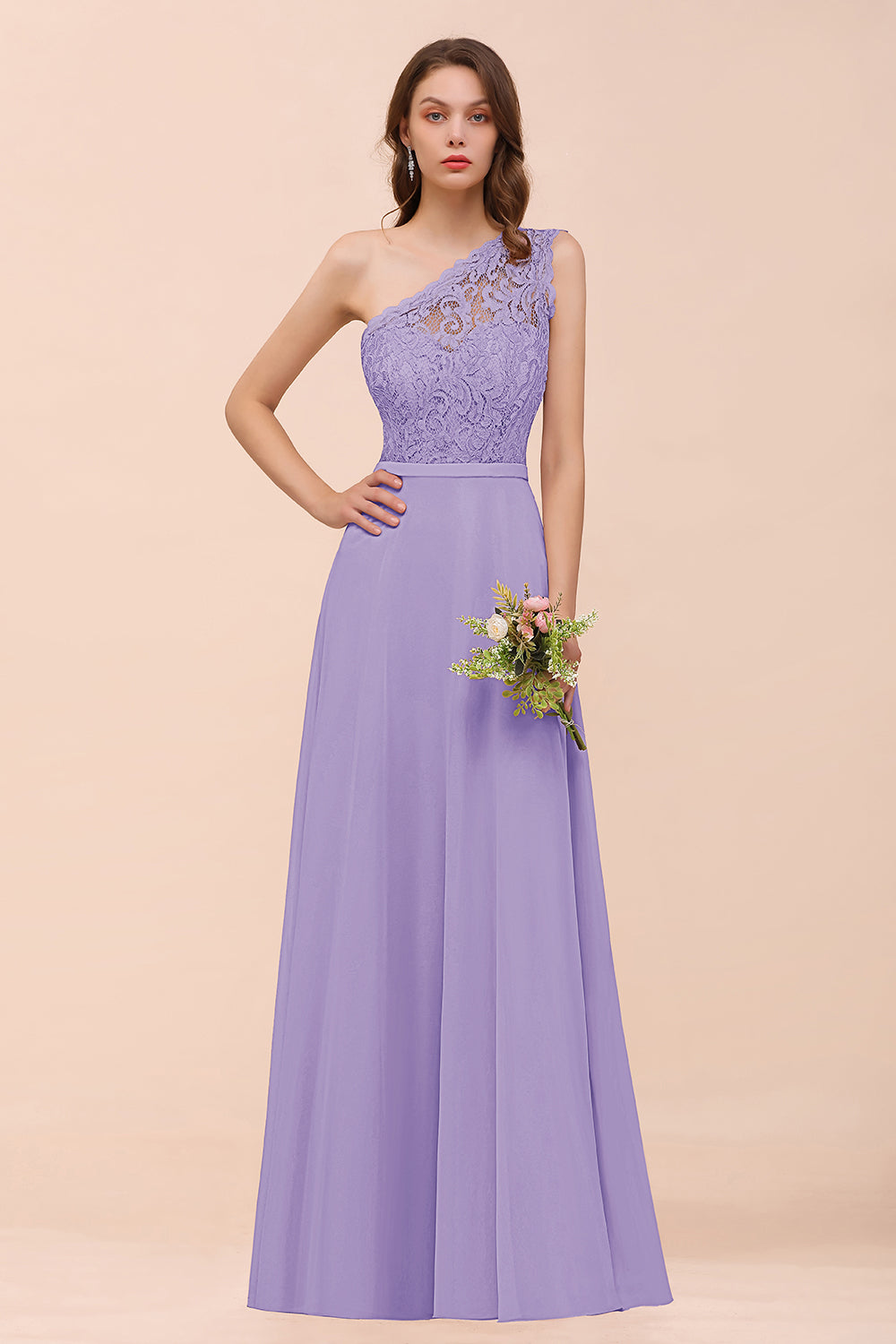 Classy One Shoulder Appliques Lace Floor Length A-Line Chiffon Bridesmaid Dress