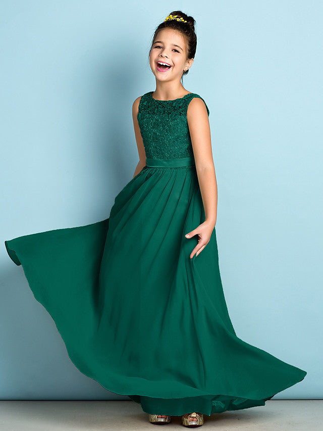 Long A-Line Scoop Neck Floor Length Chiffon Lace Junior Bridesmaid Dress