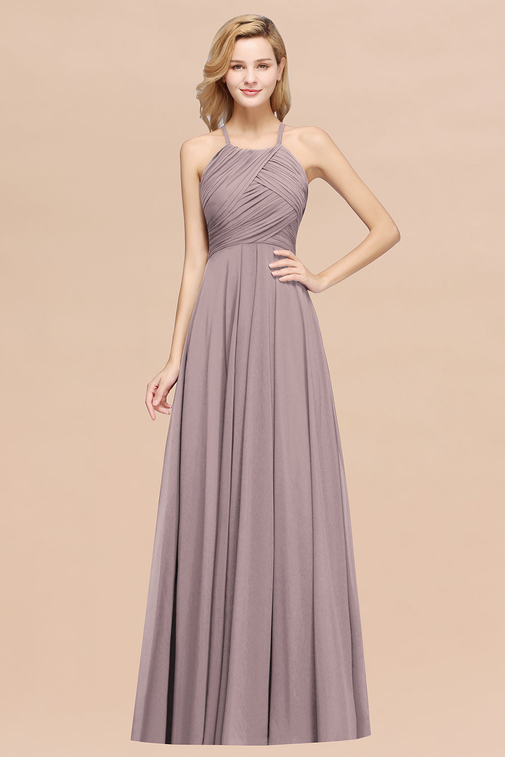 A-Line Chiffon Halter Ruffles Floor Length Bridesmaid Dress