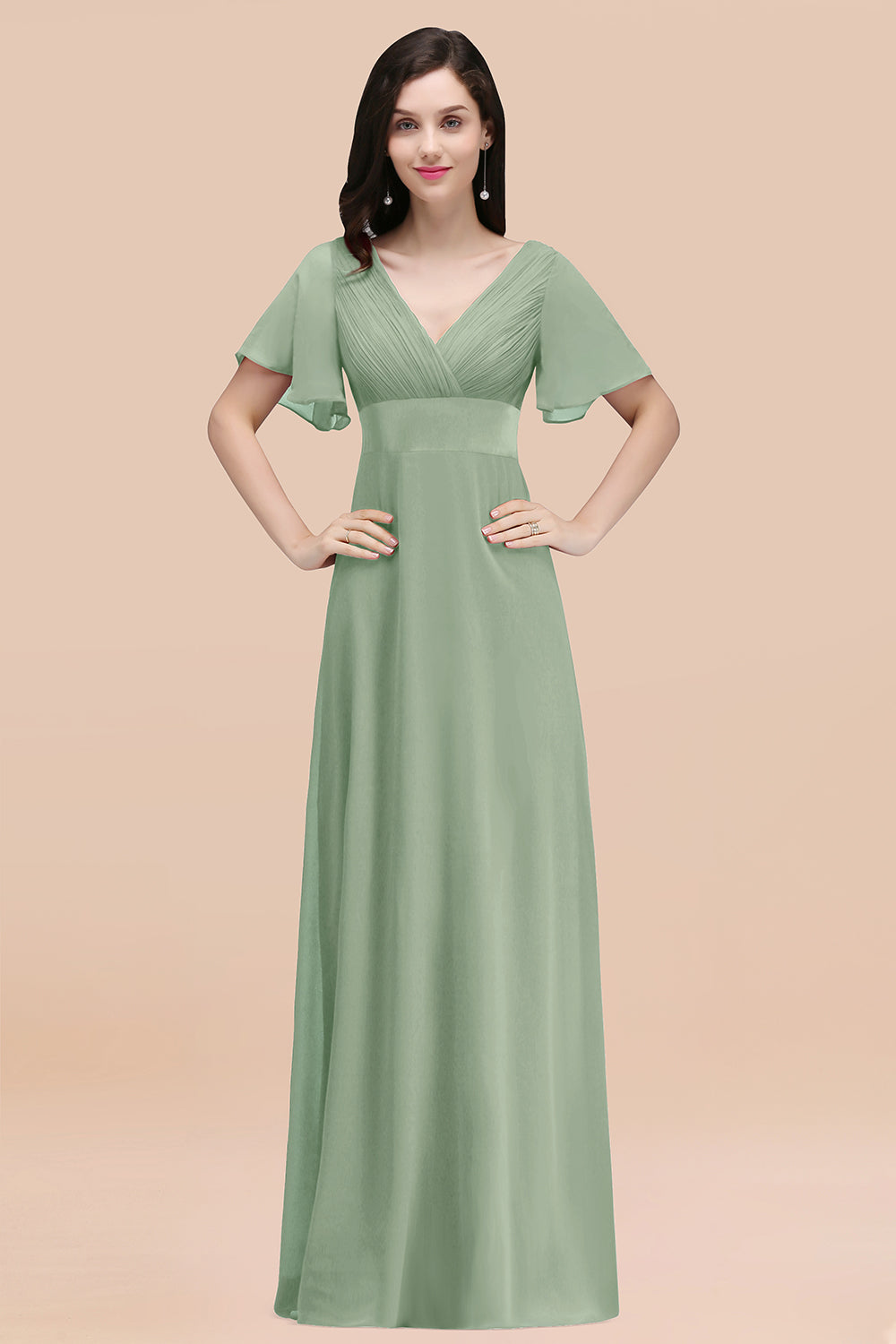 Simple A-Line Chiffon V-Neck Short Sleeves Ruffles Floor Length Bridesmaid Dresses