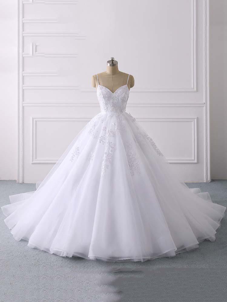 Long Ball Gown Spaghetti Straps Lace Tulle Ruffles Wedding Dresses