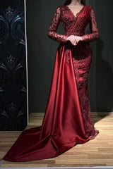 Burgundy Long Mermaid V-neck Satin Lace Formal Evening Dress with Sleeves