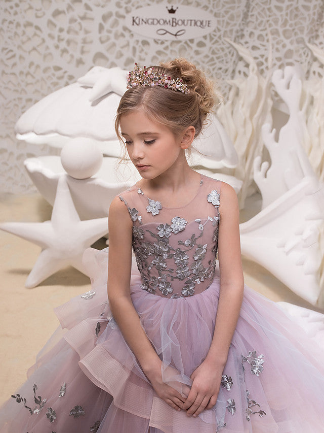 Long Ball Gown Tulle Sleeveless Jewel Neck Party Girl Dresses