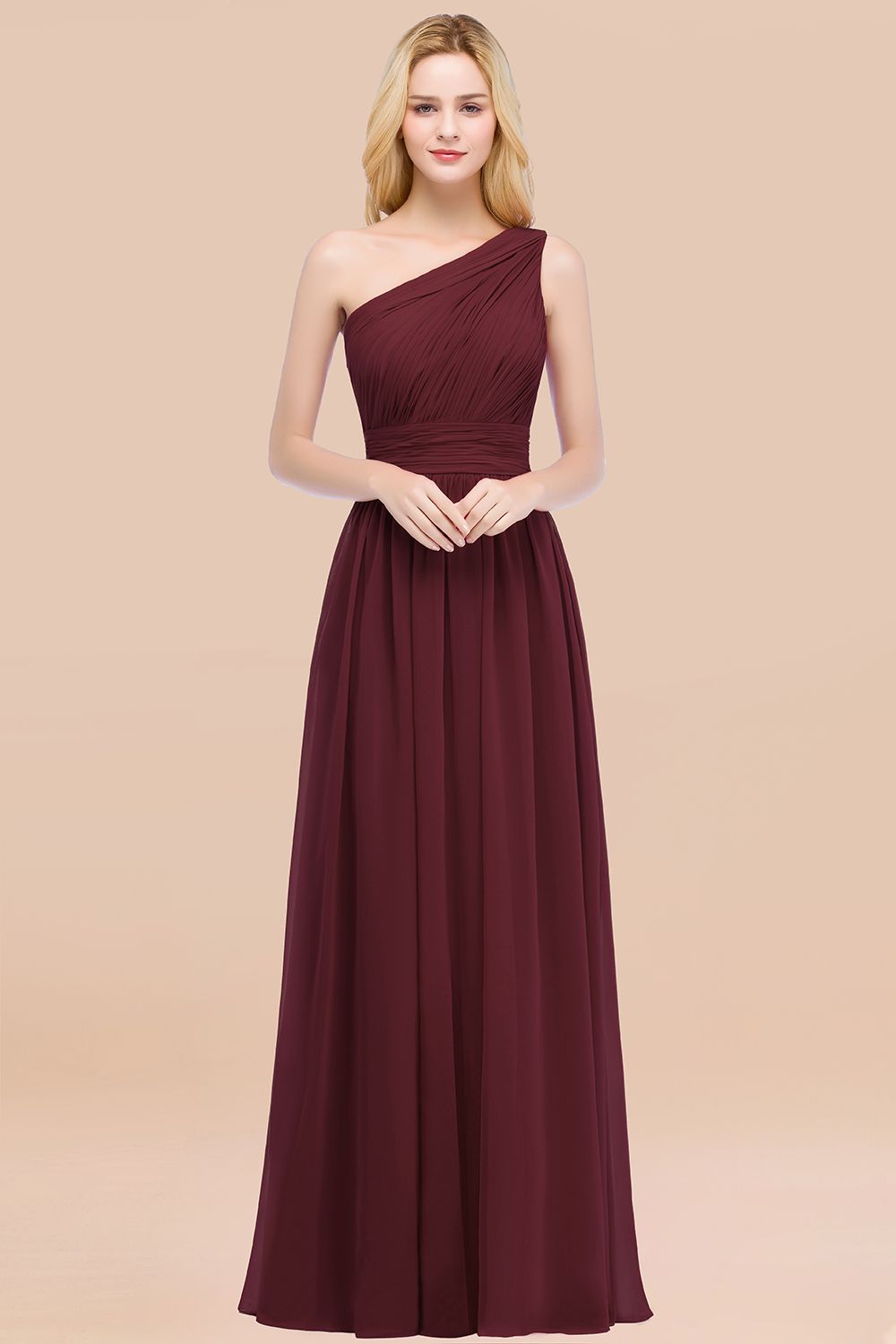 Elegant A-Line Chiffon One Shoulder Sleeveless Ruffles Floor Length Bridesmaid Dresses