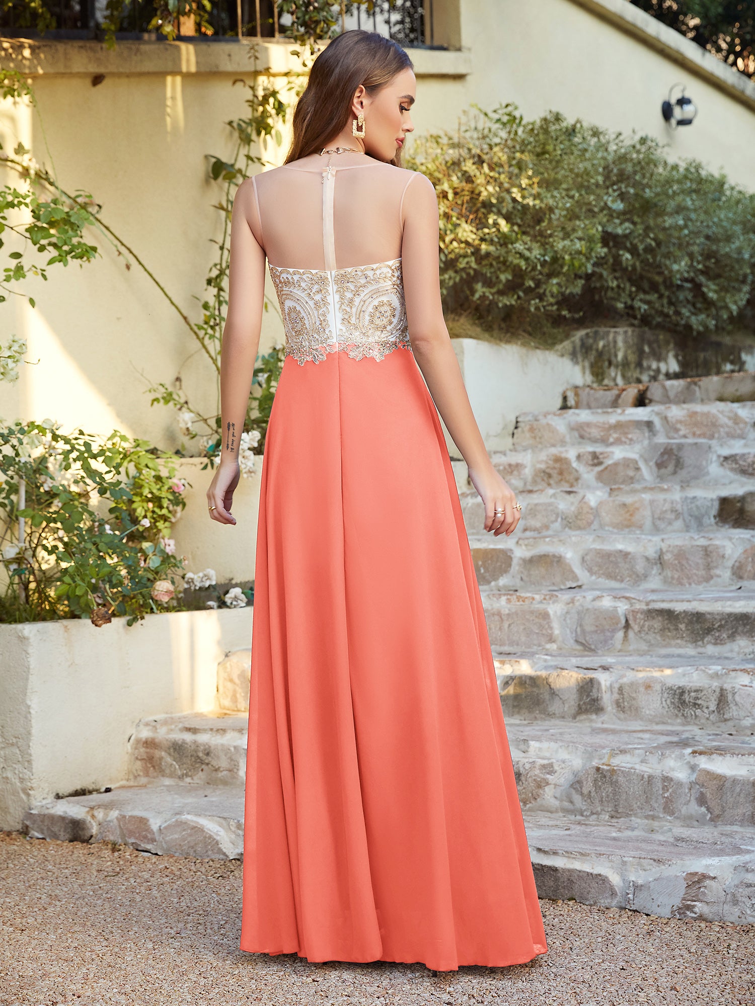 Elegant Long A-line Chiffon Sleeveless Tulle Lace Appliques Prom Dress