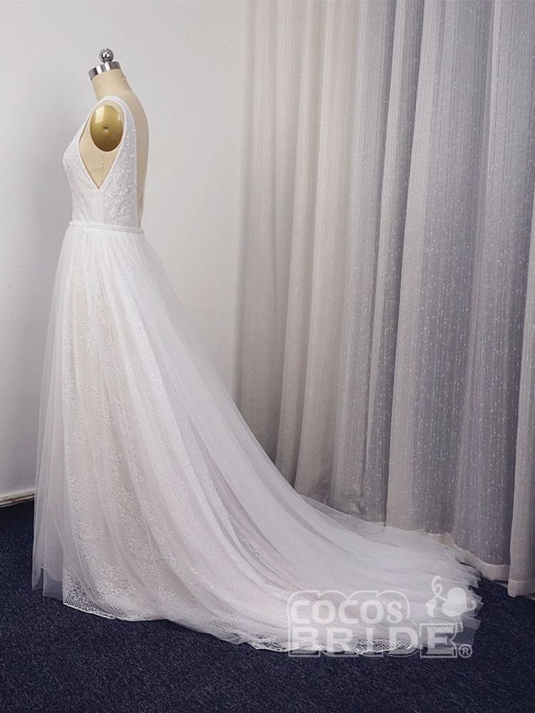 Glamorous Long V-Neck A-Line Tulle Lace Wedding Dresses