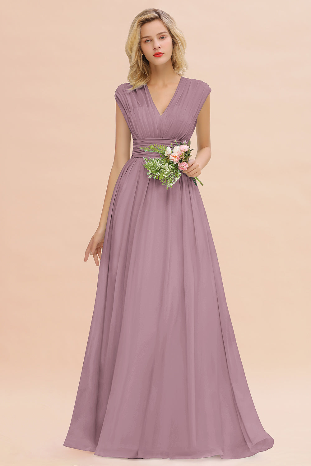 Chiffon V-Neck Sleeveless Elegant A-line Ruffles Bridesmaid Dress