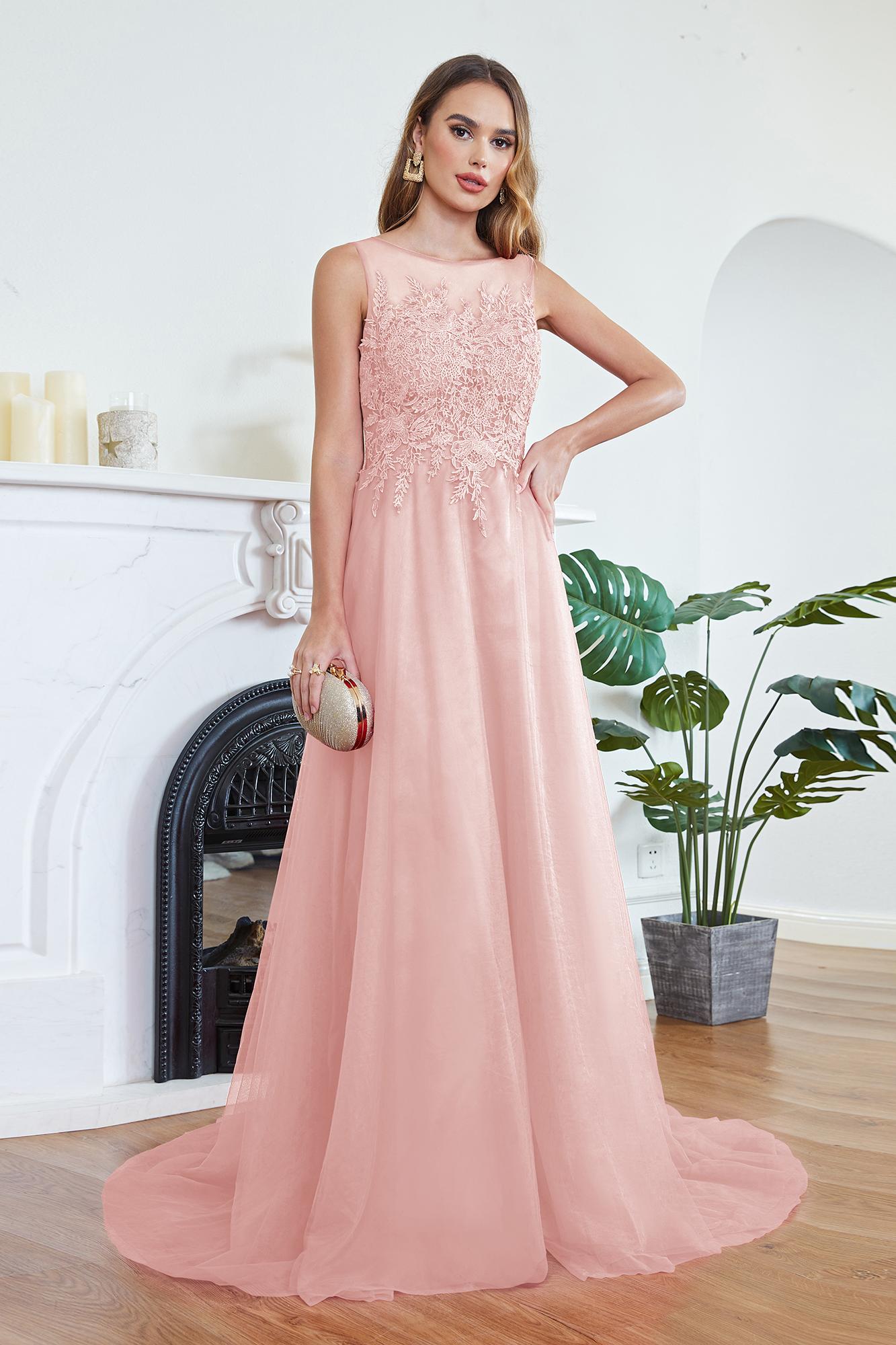 A-line Long Sleeveless Scoop Neck Tulle Lace Appliques Formal Evening Dress