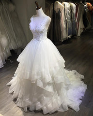 White A-line V-neck Lace Open Back Long Layered Wedding Dress