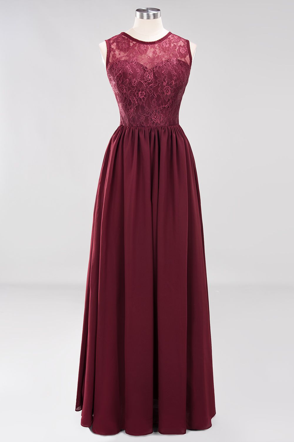 A-line Chiffon Lace Jewel Sleeveless Ruffles Floor Length Bridesmaid Dresses with Appliques