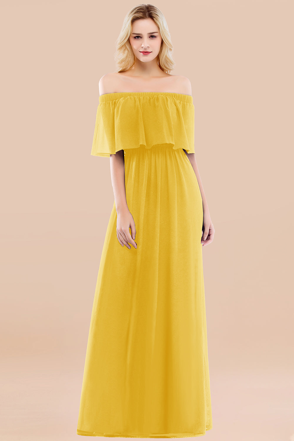A-line Chiffon Off the Shoulder Short Sleeves Ruffles Floor Length Bridesmaid Dress