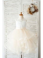 Short Ball Gown Sleeveless Jewel Neck Knee Length Birthday Flower Girl Dresses