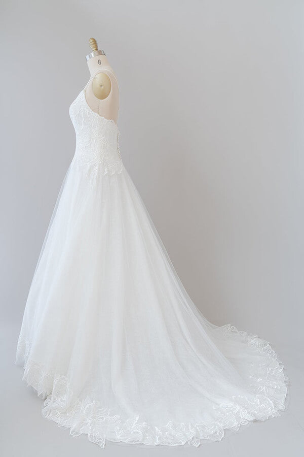 Long Sweetheart Spaghetti Strap Applique Tulle A-line Wedding Dress