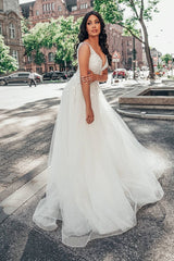 Long V-neck A-Line Tulle Floral Lace Floor Length Wedding Dress