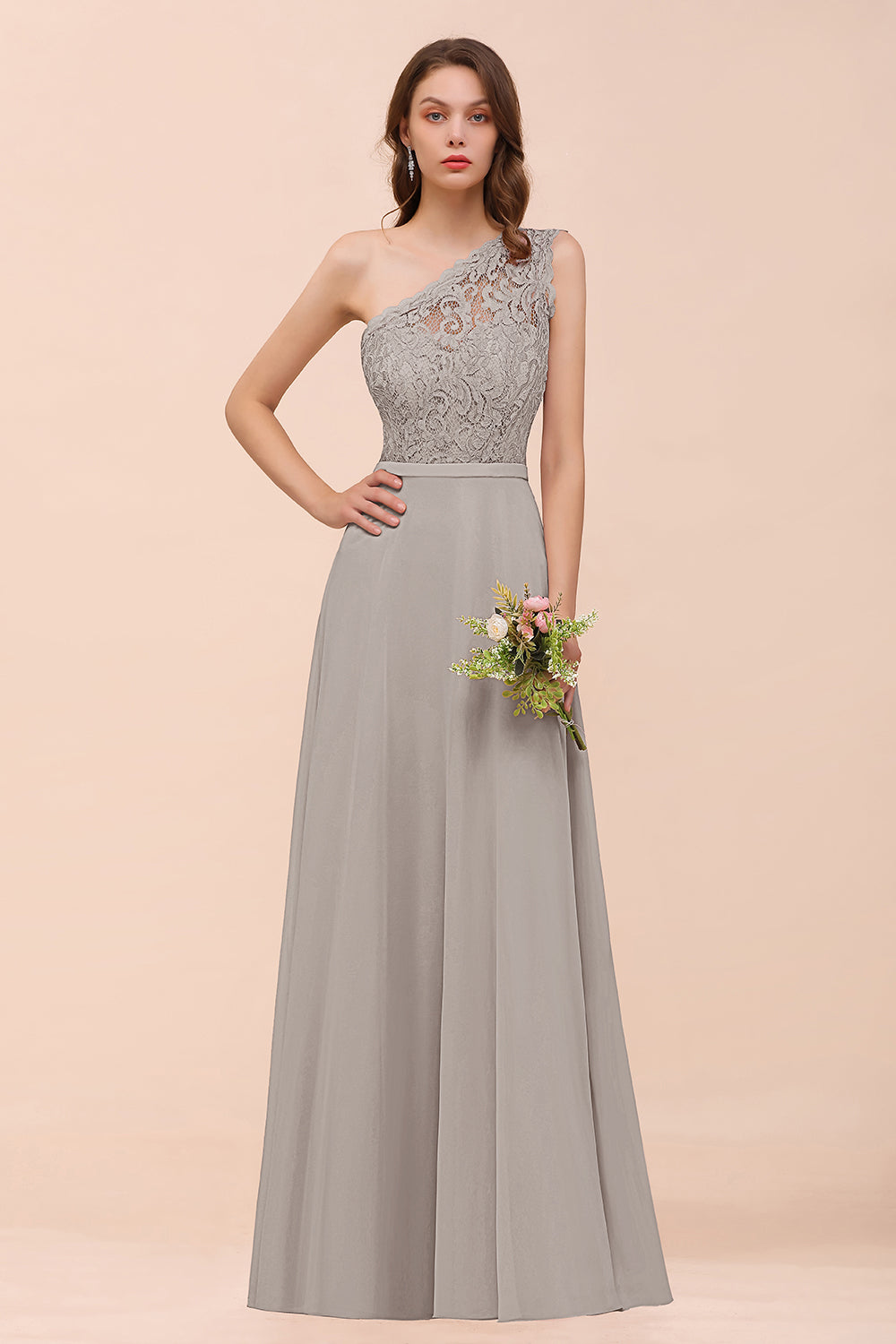 Classy One Shoulder Appliques Lace Floor Length A-Line Chiffon Bridesmaid Dress