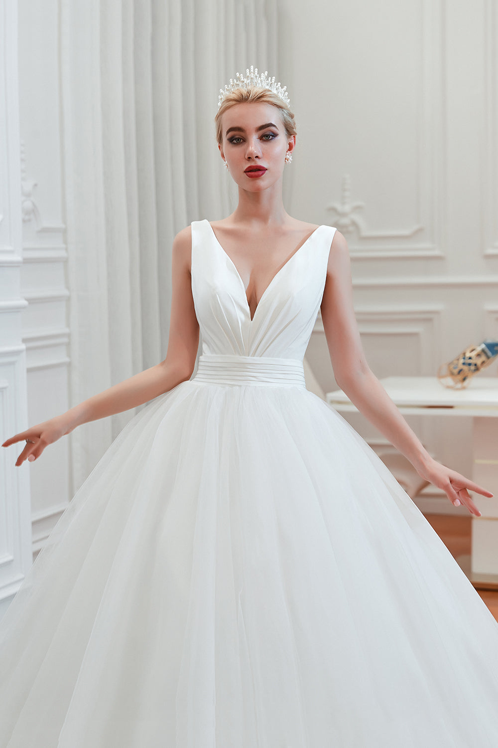 Long A-Line Tulle Wide Straps Deep V-neck Floor Length Wedding Dress