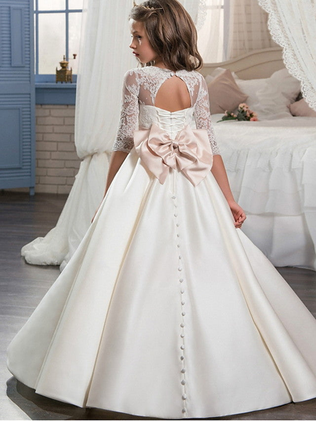 Ivory Long Ball Gown Floor Length Satin Flower Girl Dresses with Sleeves