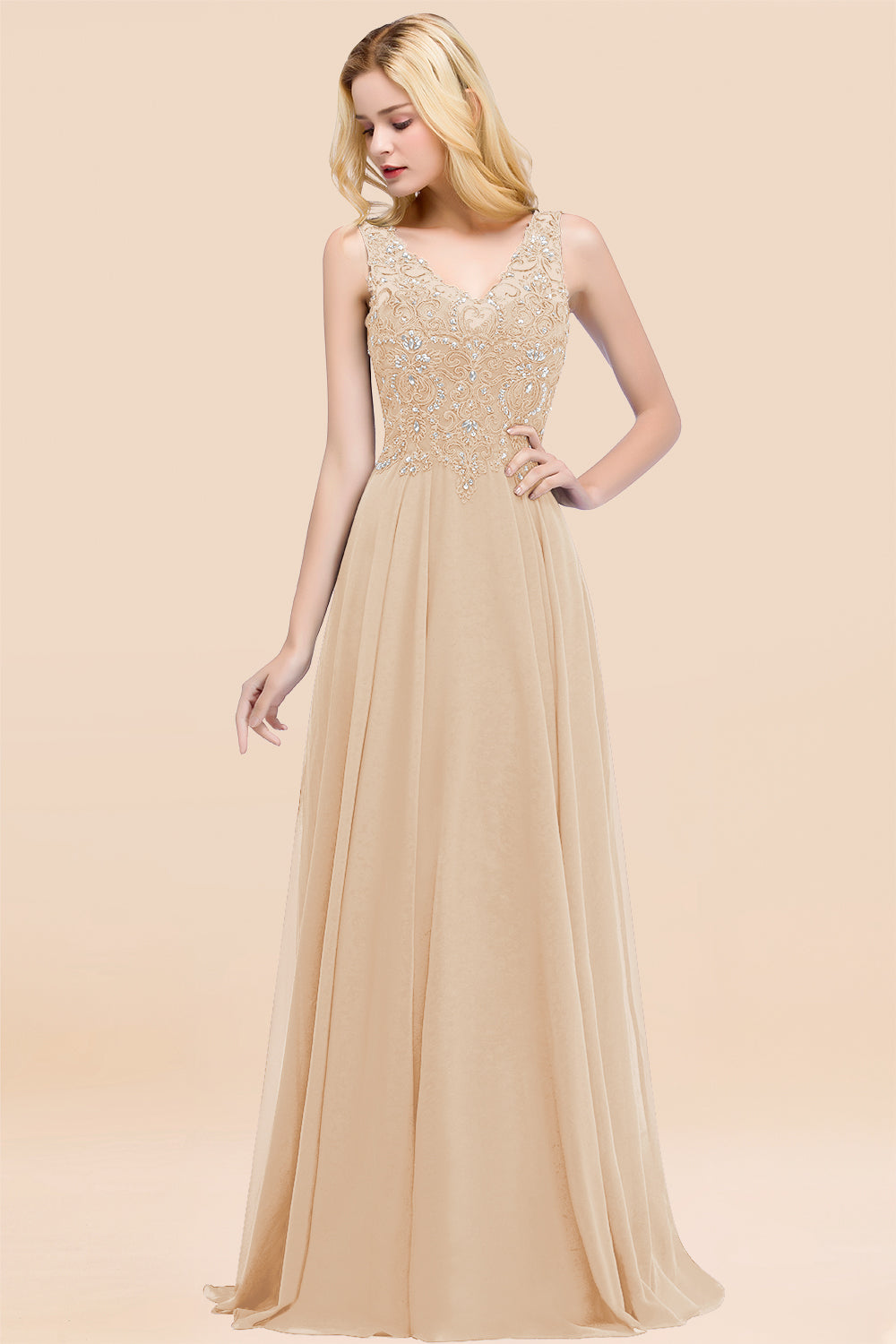Dusty Rose Lace V-Neck Long Bridesmaid Dresses With Appliques