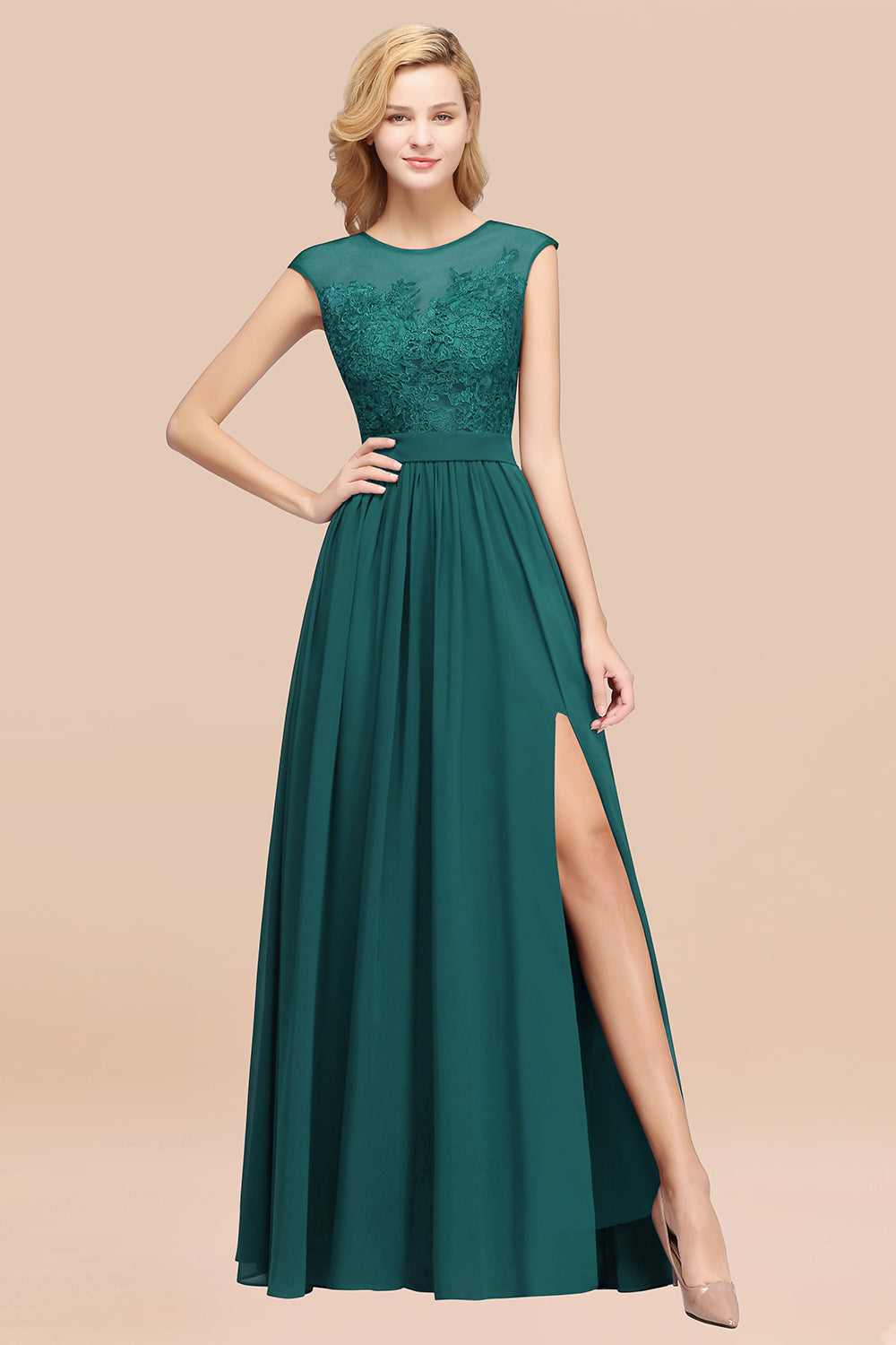 A-line Chiffon Lace Jewel Sleeveless Floor Length Bridesmaid Dresses with Appliques