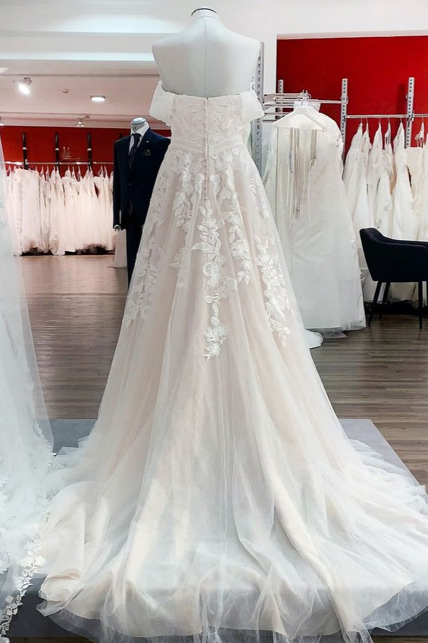 Gorgeous Long A-line Off the Shoulder Tulle Lace Appliques Wedding Dress