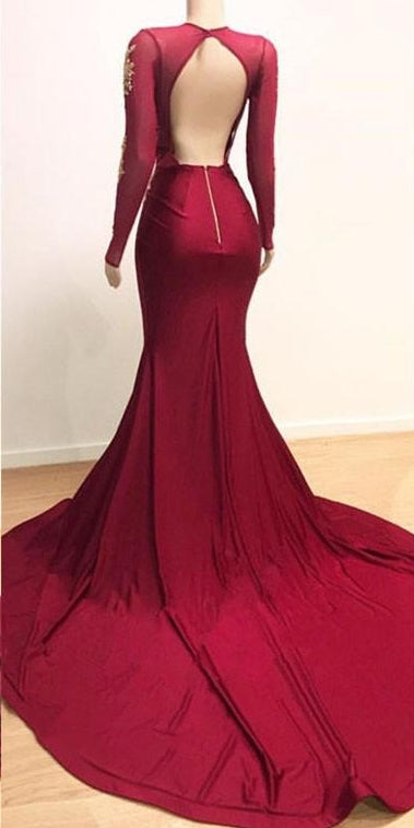 V-neck Long Sleeves Lace Appliques Split Mermaid Prom Dresses