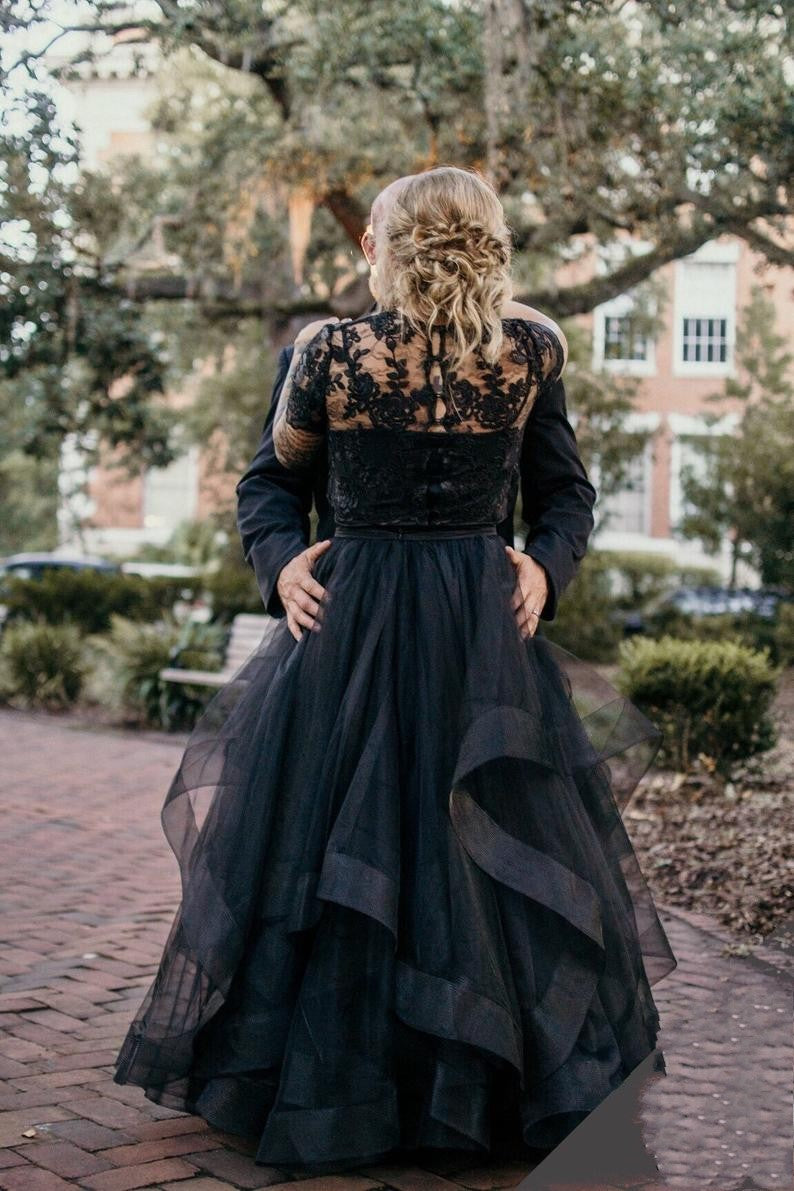 Gorgeous Long Two Piece Tulle Lace Layers A-line Black Wedding Dress with Short Sleeves