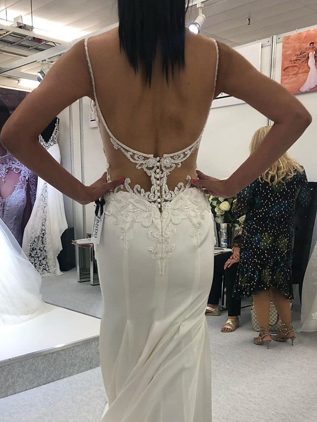 Long Mermaid V-neck Spaghetti Strap Court Train Sleeveless Wedding Dresses