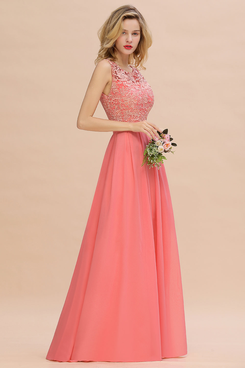 Beautiful Bateau A-line Floor Length Appliques Lace Chiffon Bridesmaid Dress