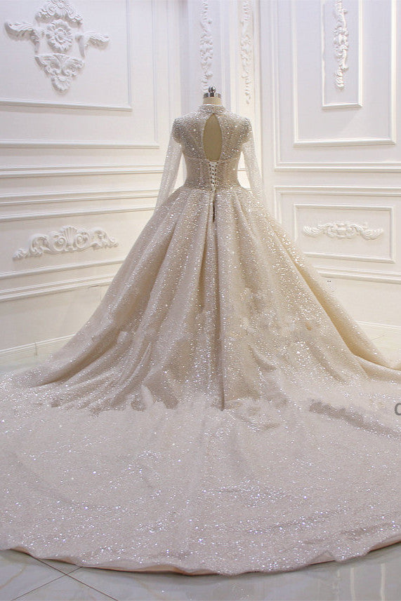 Gorgeous High Neck Long Sleeves Sequin Satin Ball Gown Wedding Dress