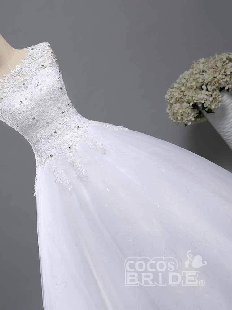 Elegant Long A-line Beads Lace-Up Ruffles Tulle Wedding Dresses