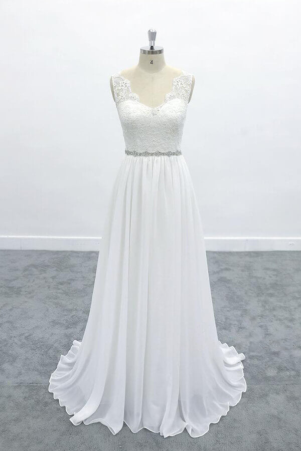 Elegant Long V-neck A-line Lace Chiffon Backless Wedding Dress