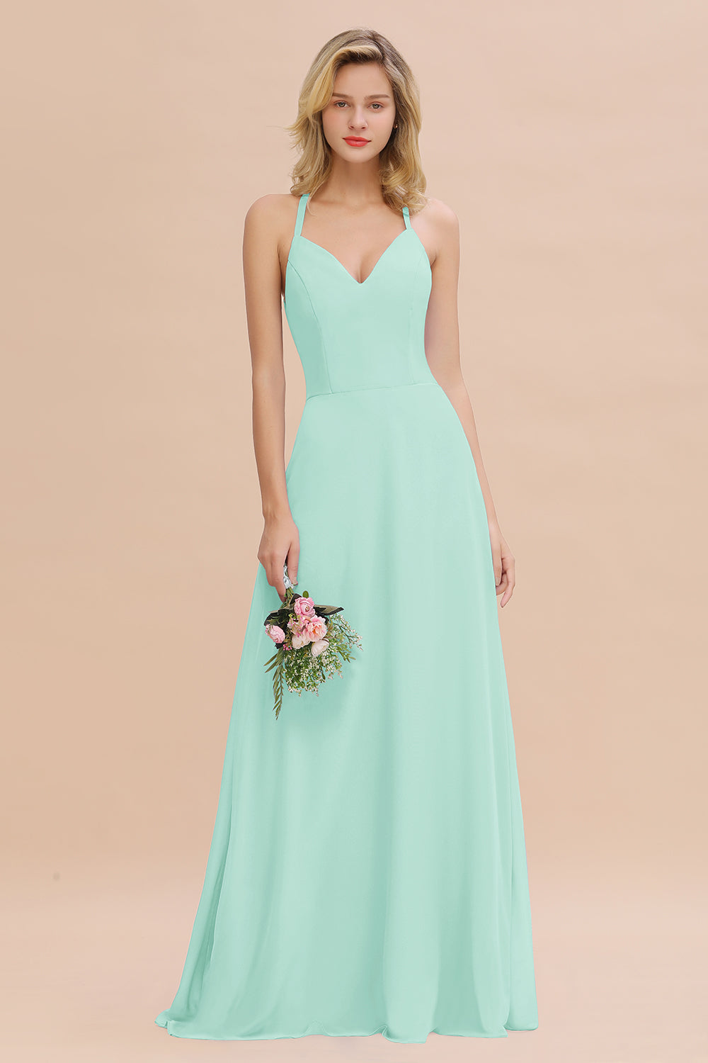 Stylish Chiffon Spaghetti Straps Sleeveless Long Bridesmaid Dress