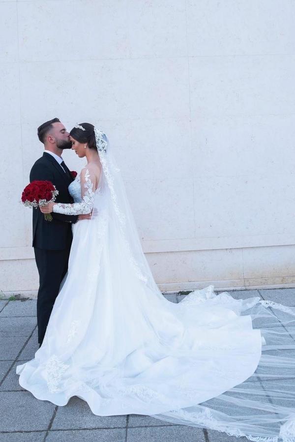 White Long Mermaid Jewel Tulle Lace Wedding Dress with Detachable Sweep Train