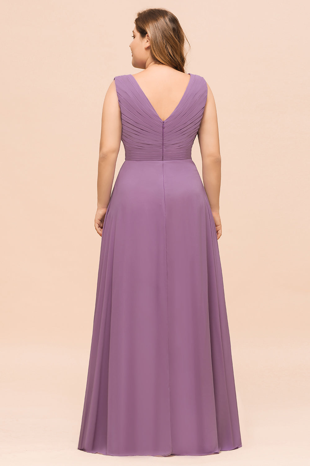 Elegant Plus size Long A-line V-neck Sleeveless Chiffon Wisteria Bridesmaid Dress