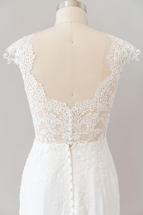 Long Mermaid Lace Chiffon Wedding Dress es with Cap Sleeve