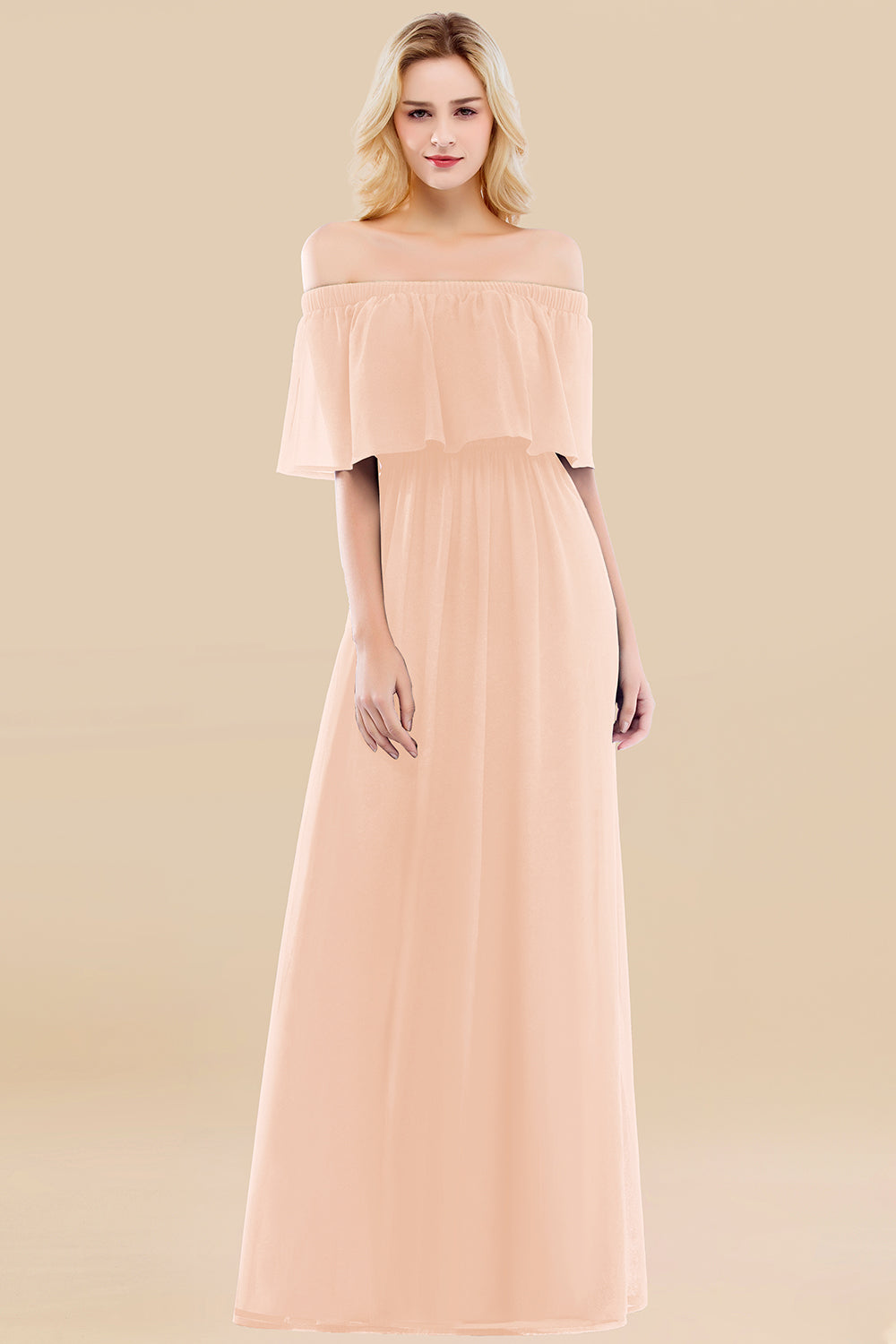A-line Chiffon Off the Shoulder Short Sleeves Ruffles Floor Length Bridesmaid Dress