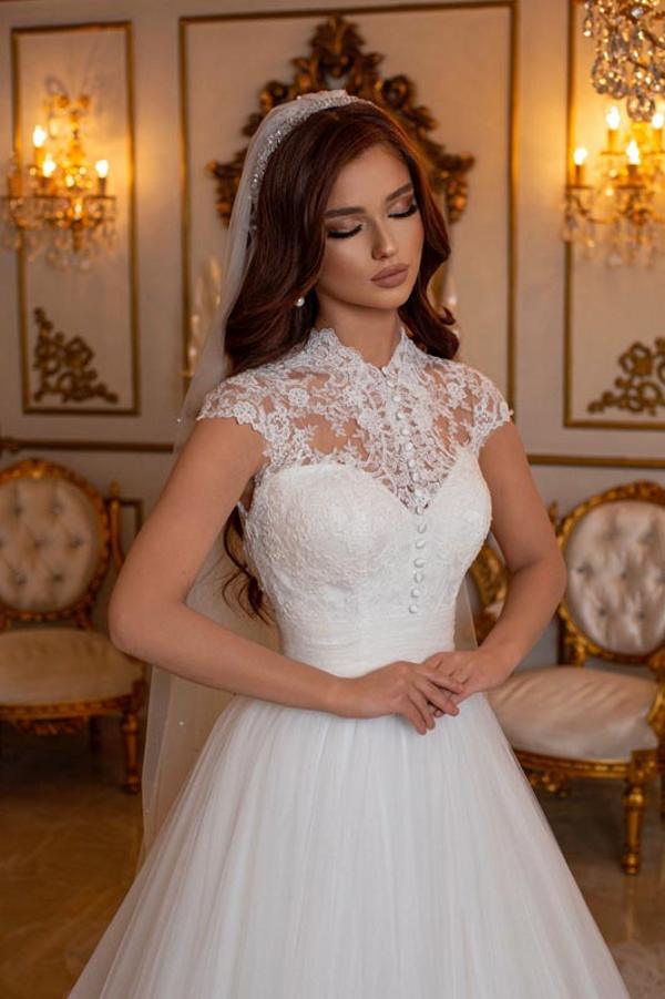 White Long A-line High Neck Tulle Lace Backless Wedding Dress