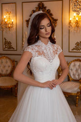 White Long A-line High Neck Tulle Lace Backless Wedding Dress