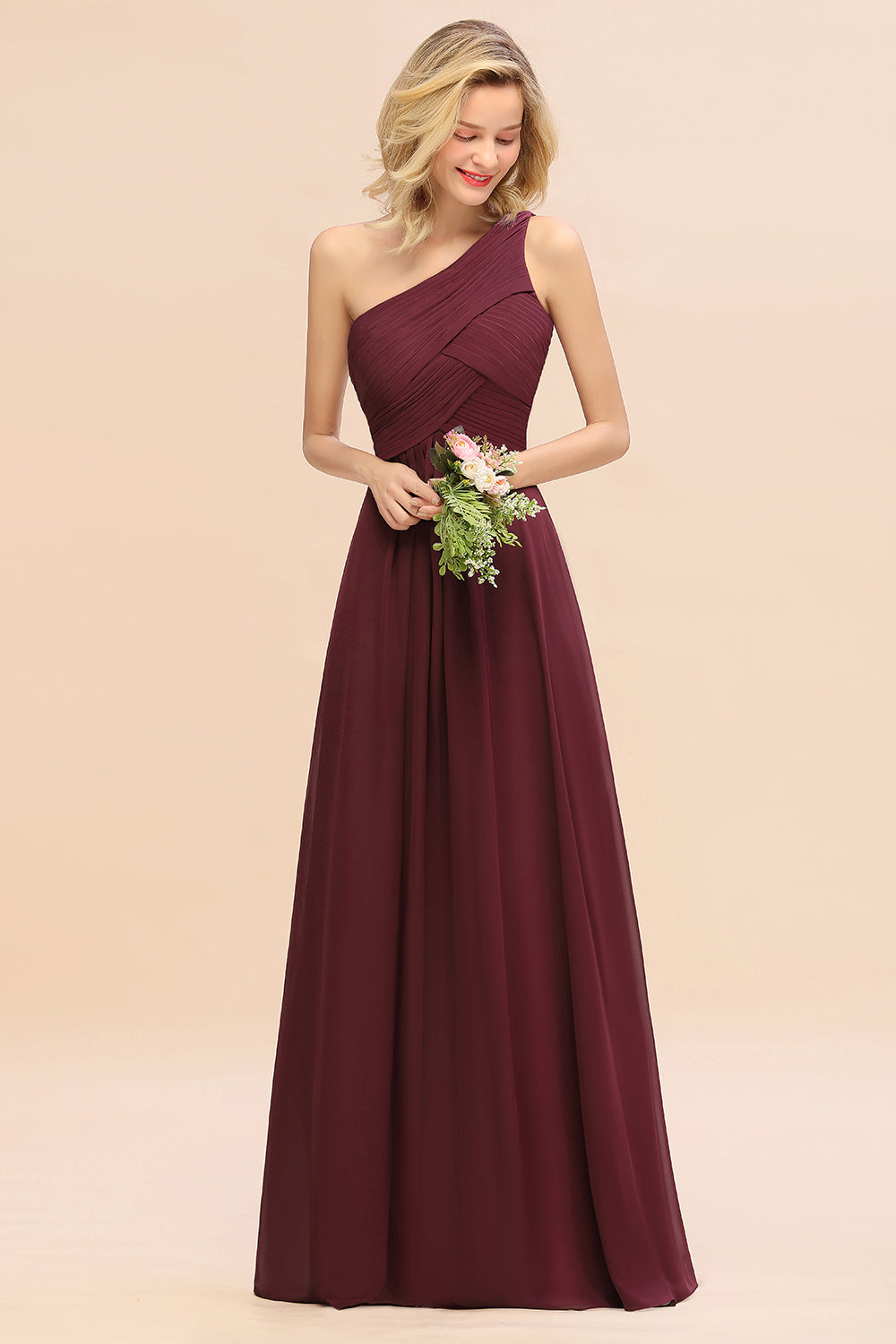 Elegant Burgundy A-line Chiffon Ruffles One Shoulder Long Bridesmaid Dress