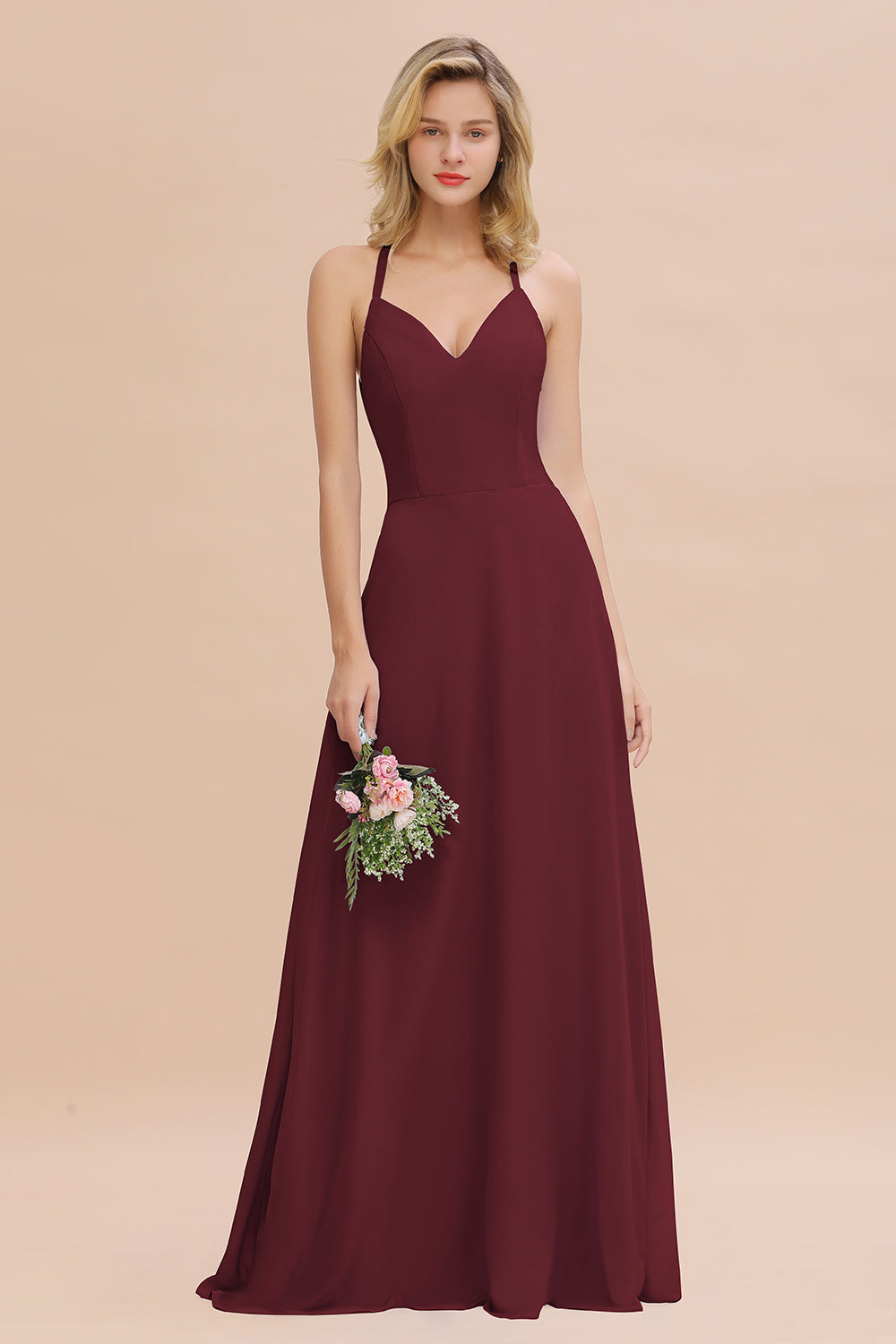 Stylish Chiffon Spaghetti Straps Sleeveless Long Bridesmaid Dress