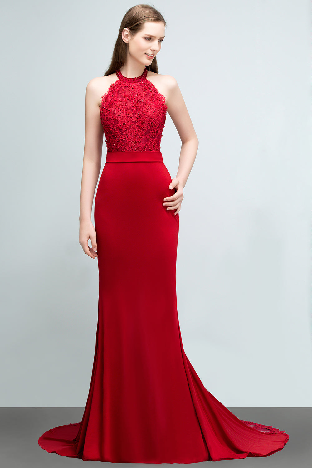 Long Halter Lace Satin Mermaid Red Evening Dress