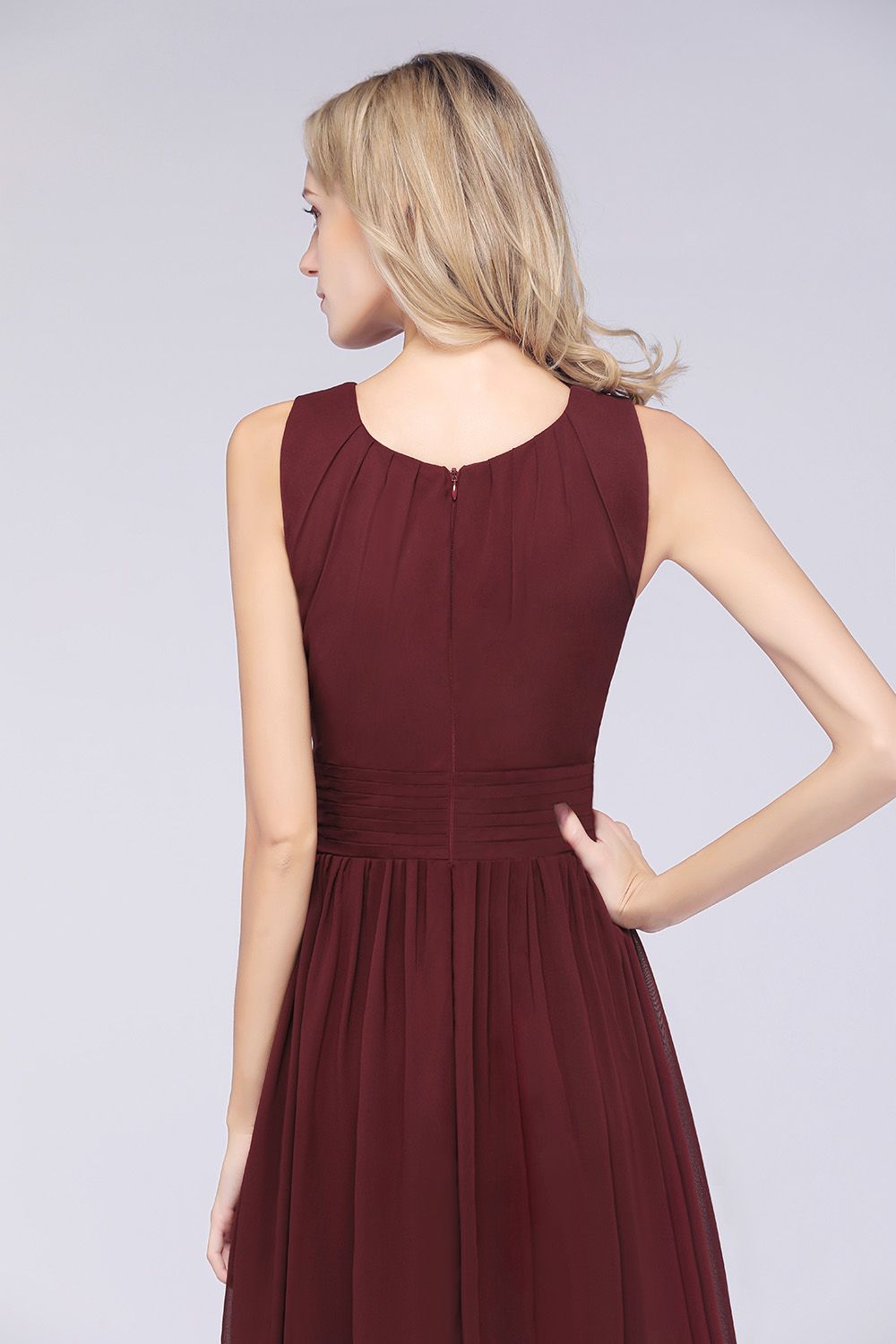 A-Line Chiffon Round-Neck Sleeveless Floor Length Bridesmaid Dress with Ruffles